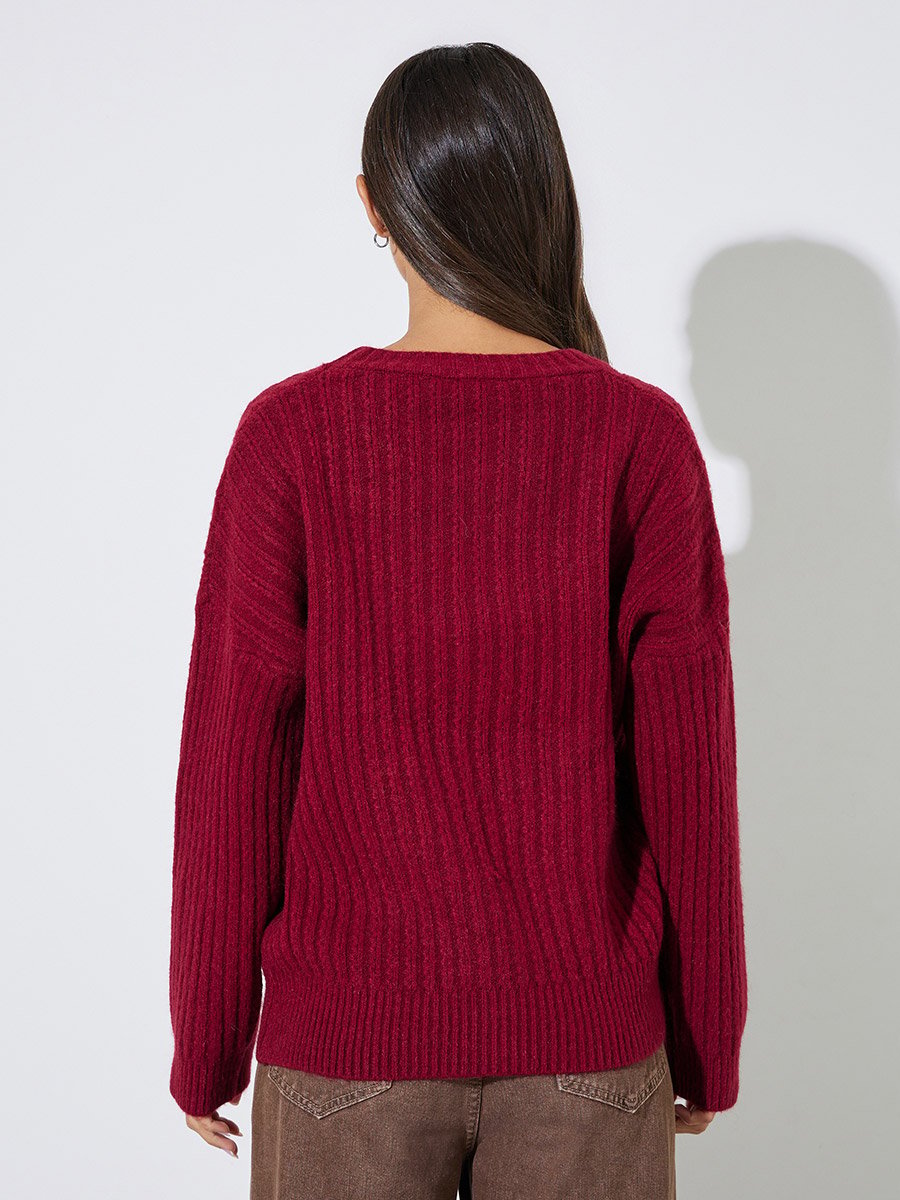 Red Ribbed Knit Round Neck Long Sleeves Sweater