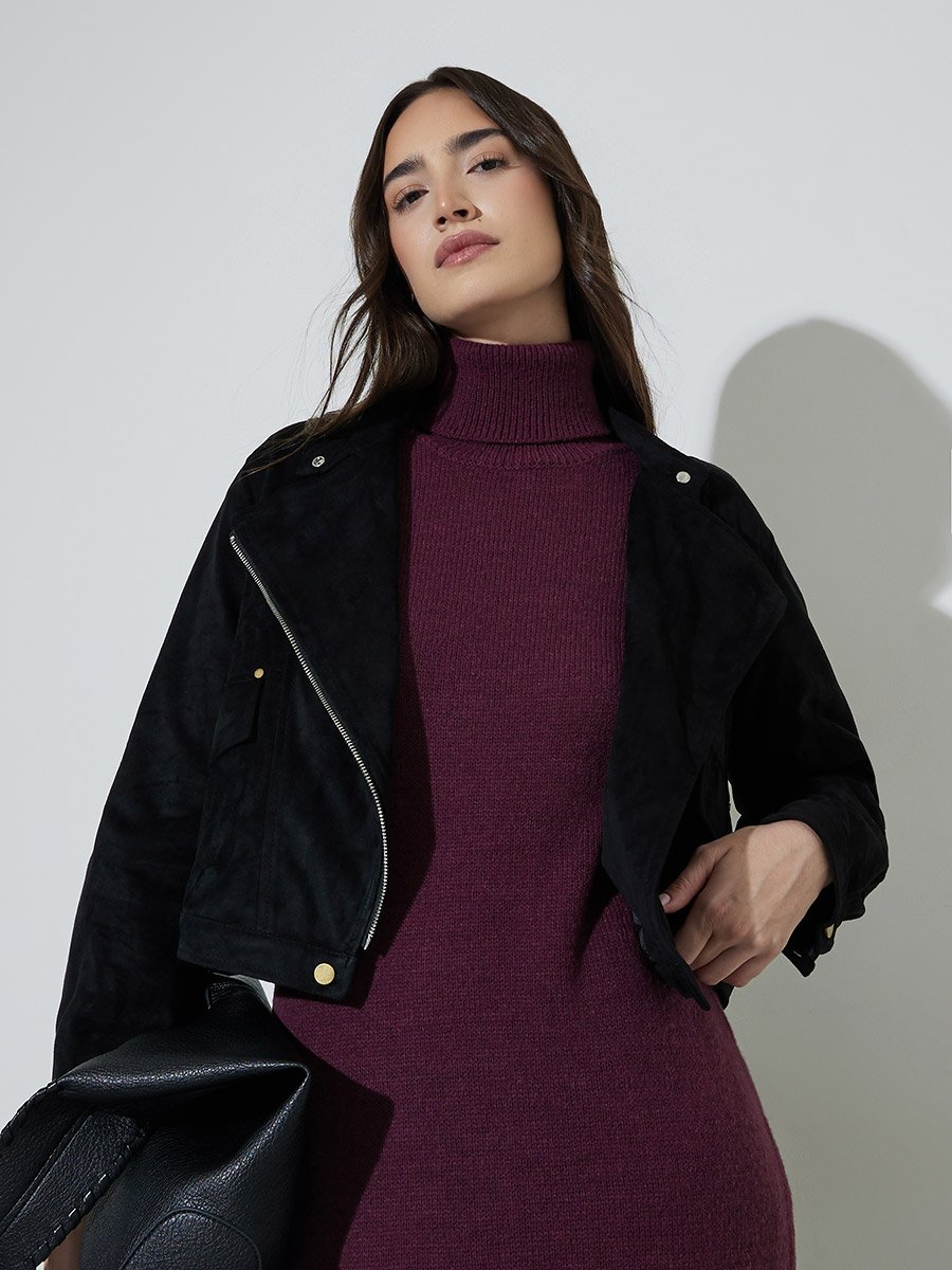 Black Solid Long Sleeves Short Suede Biker Jacket