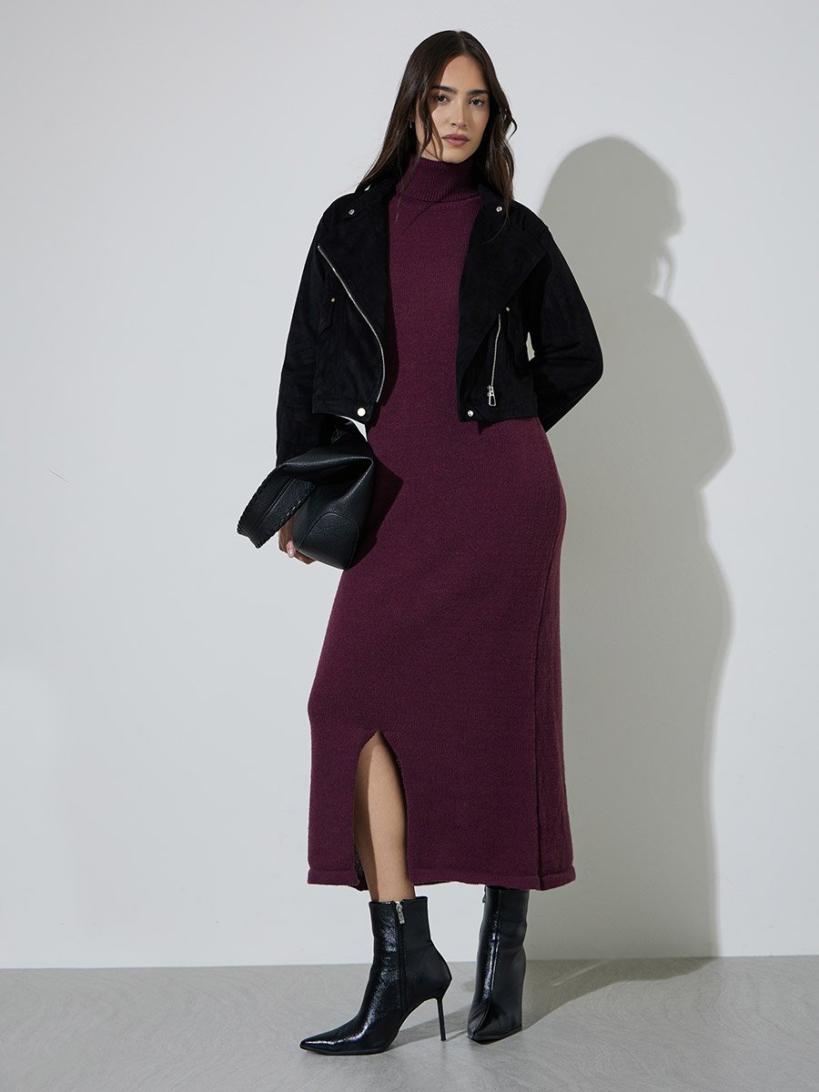 Black Solid Long Sleeves Short Suede Biker Jacket