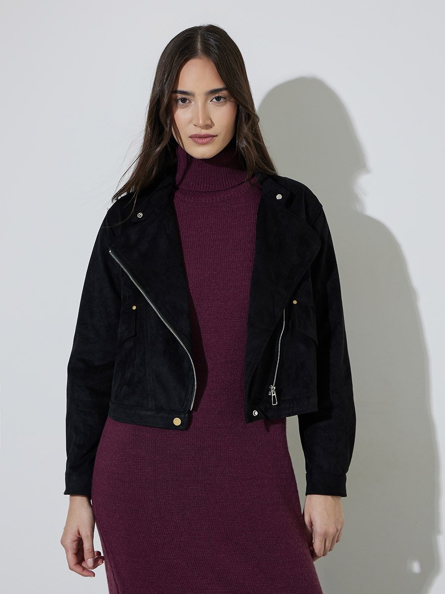 Black Solid Long Sleeves Short Suede Biker Jacket