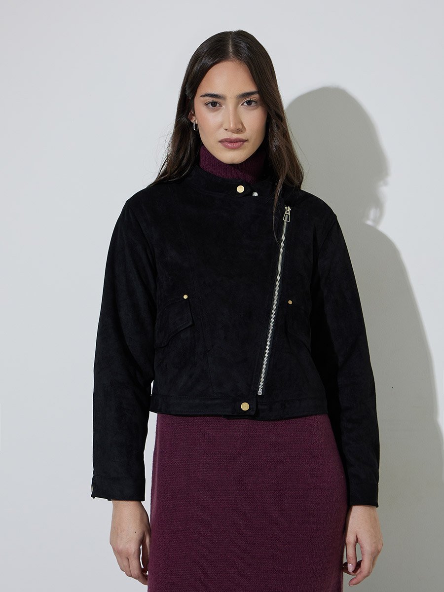 Black Solid Long Sleeves Short Suede Biker Jacket