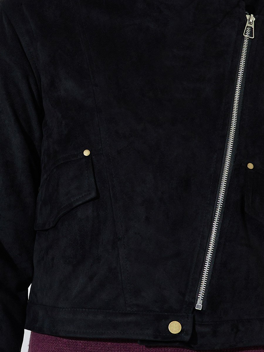 Black Solid Long Sleeves Short Suede Biker Jacket