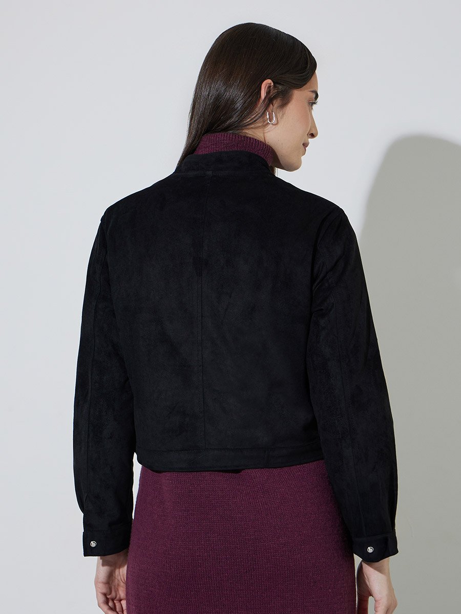 Black Solid Long Sleeves Short Suede Biker Jacket