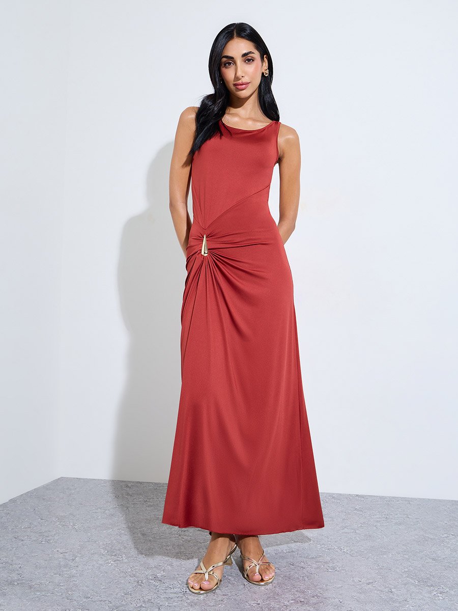 Red Solid Sleeveless Maxi Dress with Side Embellishment