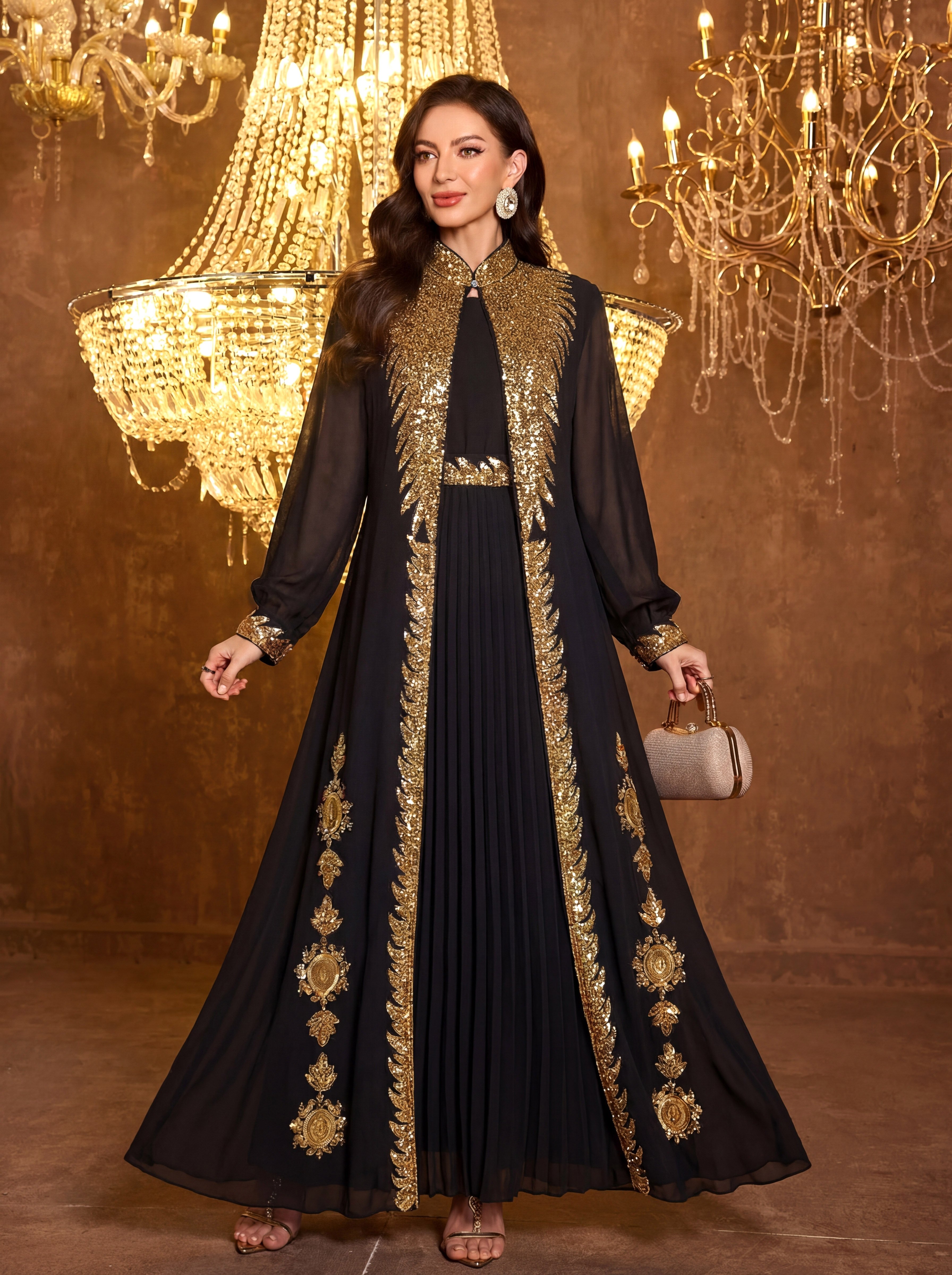 Black Pleated A-Line Maxi Dress and Gold Sequin Kaftan Set