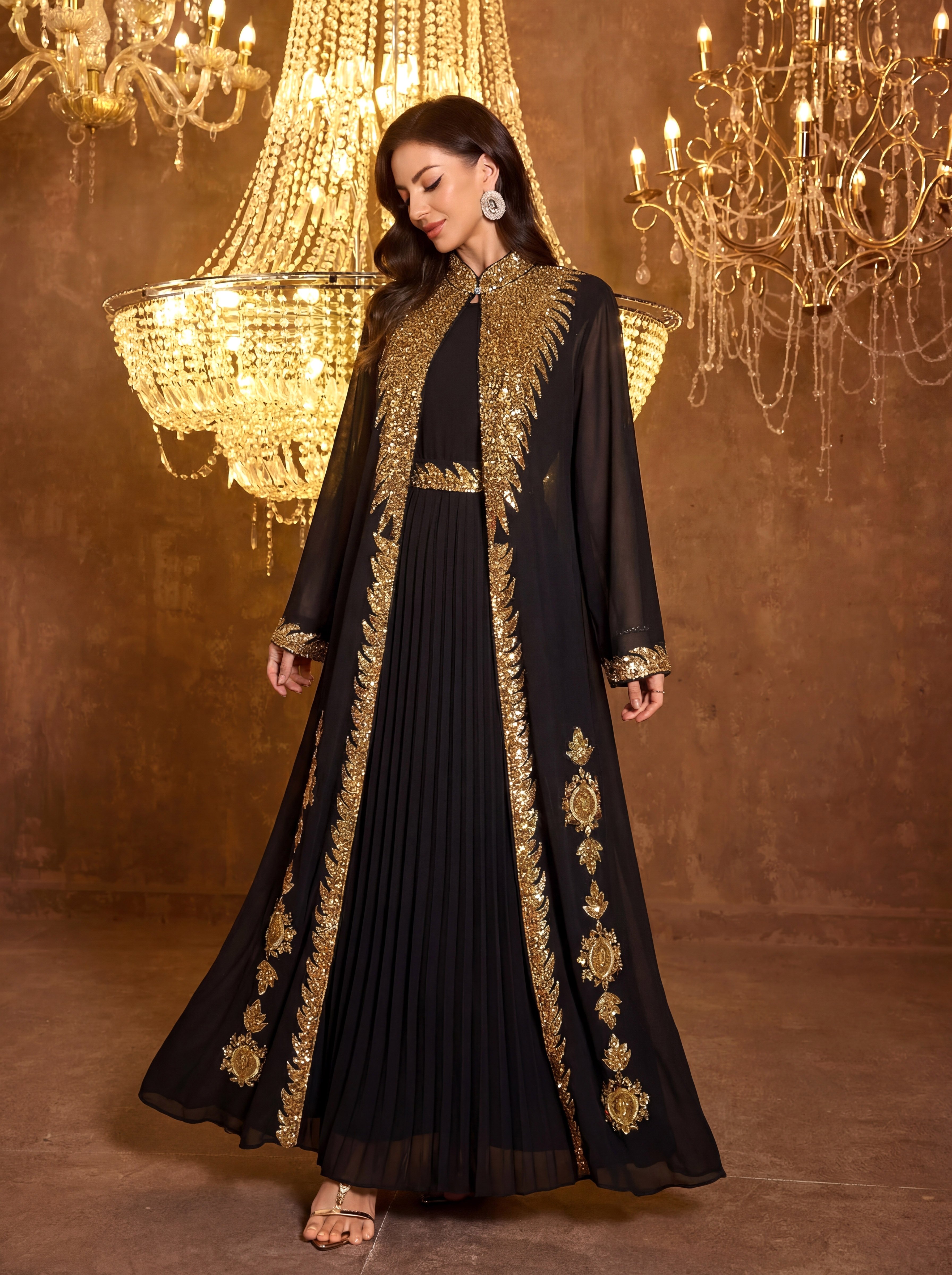 Black Pleated A-Line Maxi Dress and Gold Sequin Kaftan Set