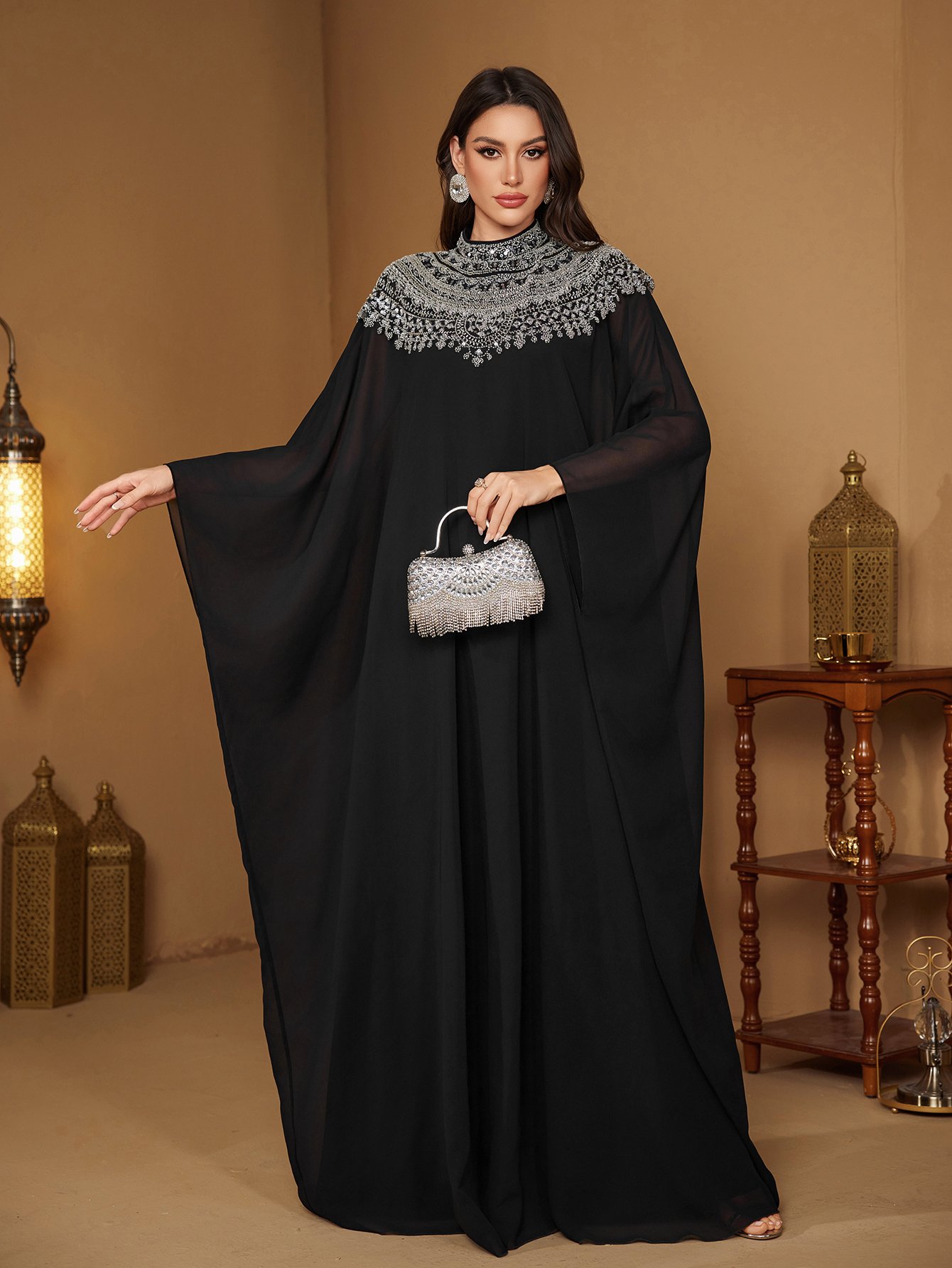 Black Beaded Sequin High Neck Maxi Dress