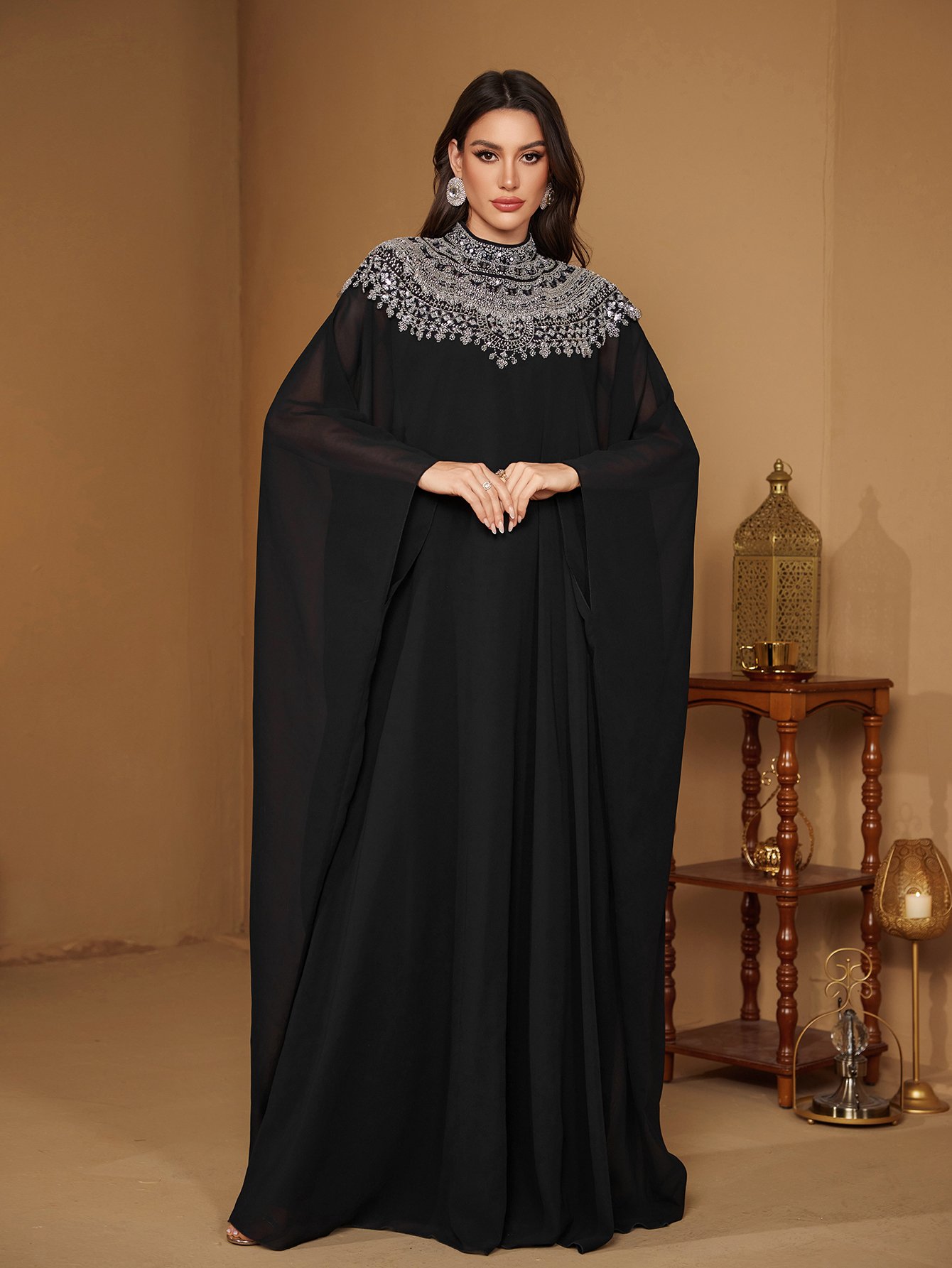 Black Beaded Sequin High Neck Maxi Dress