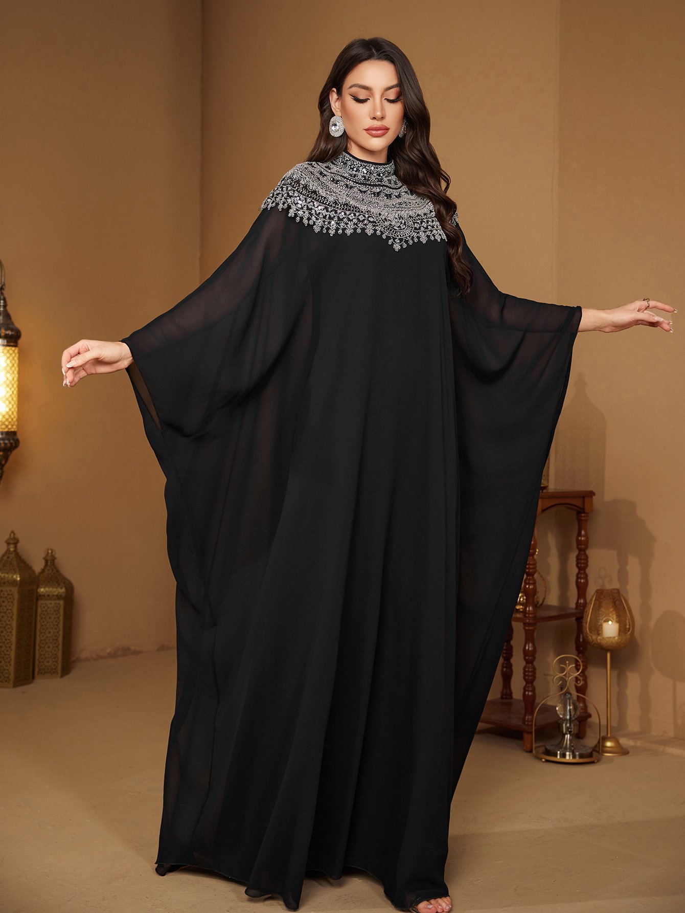 Black Beaded Sequin High Neck Maxi Dress