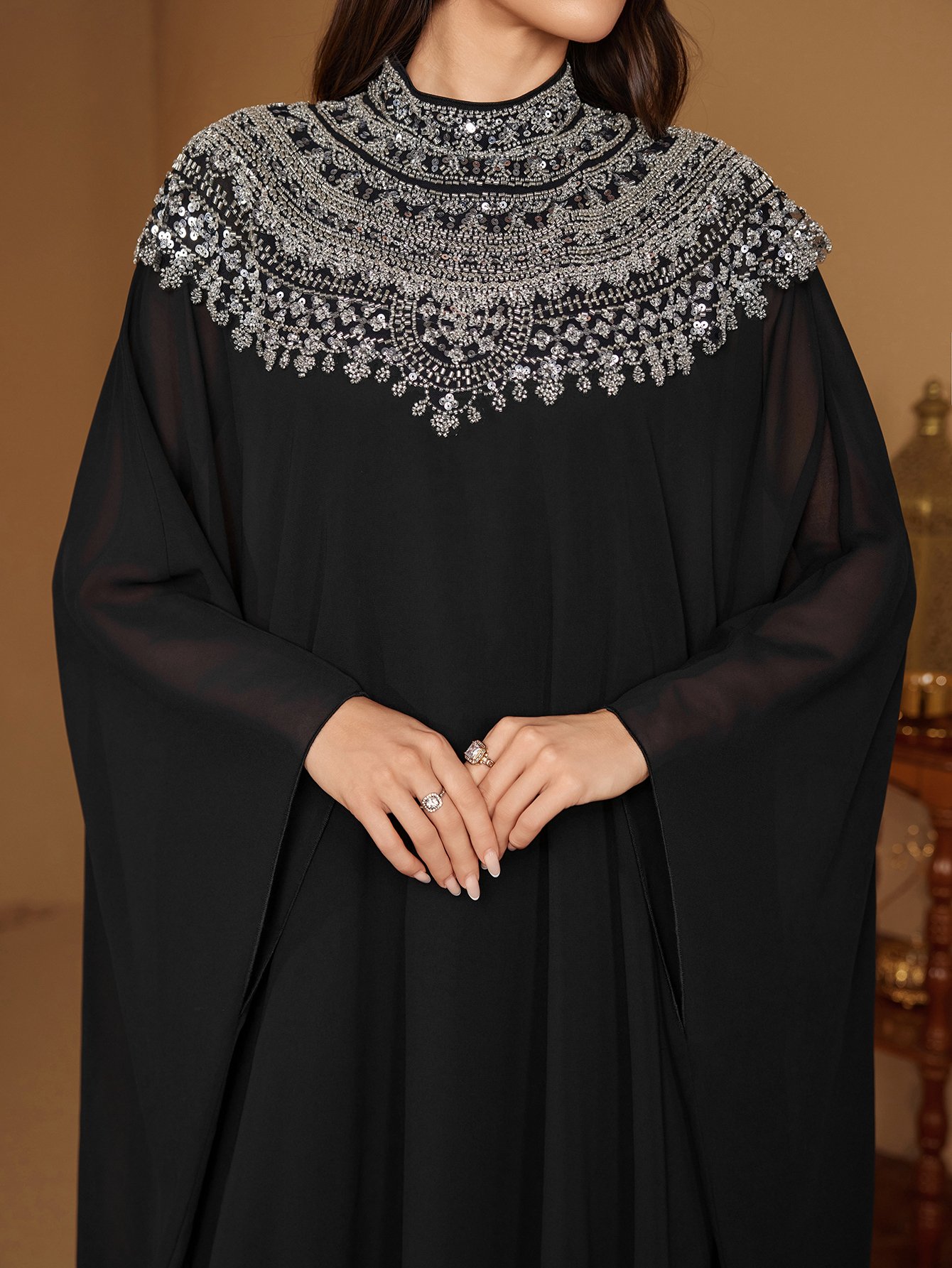 Black Beaded Sequin High Neck Maxi Dress