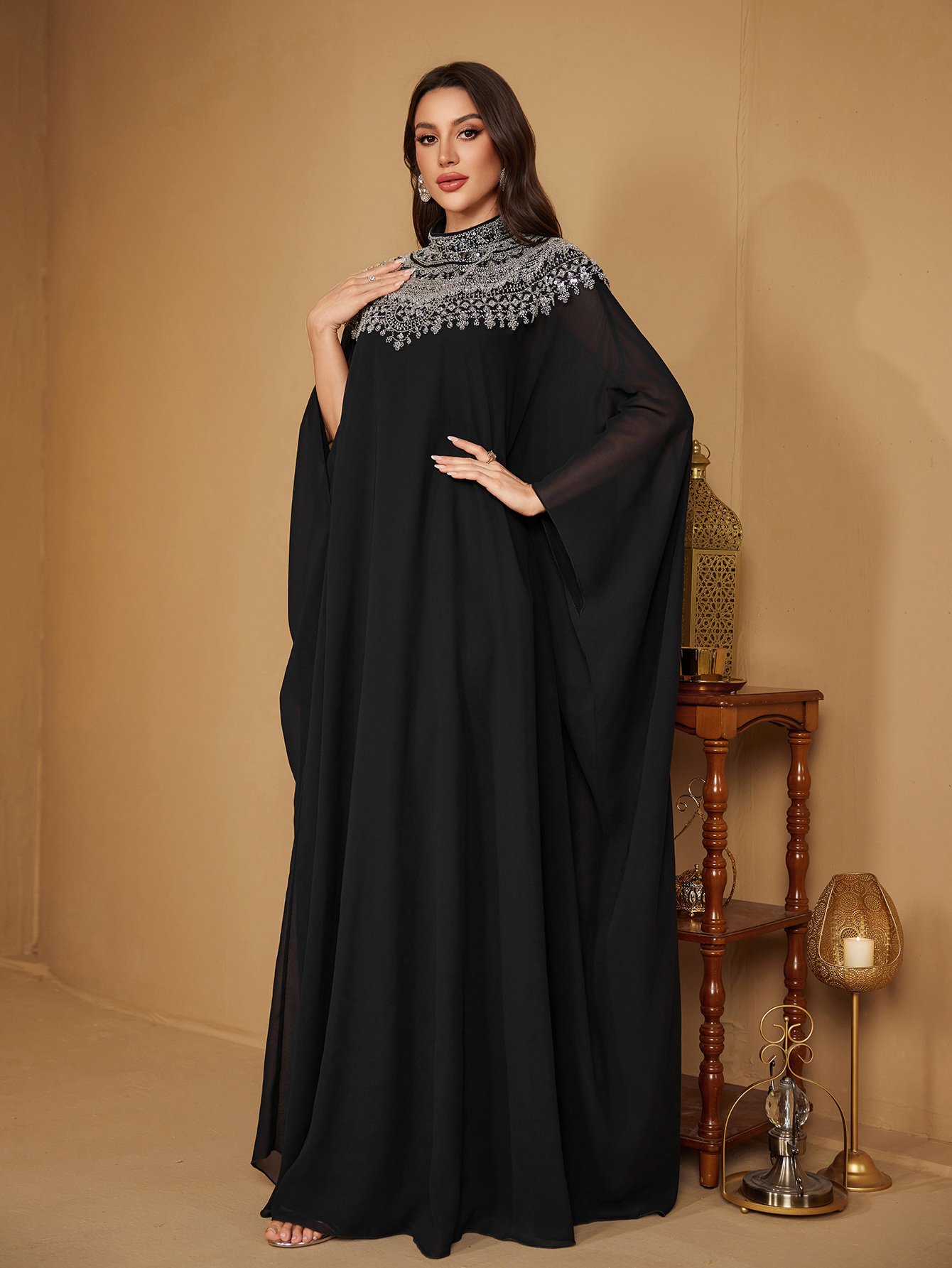 Black Beaded Sequin High Neck Maxi Dress