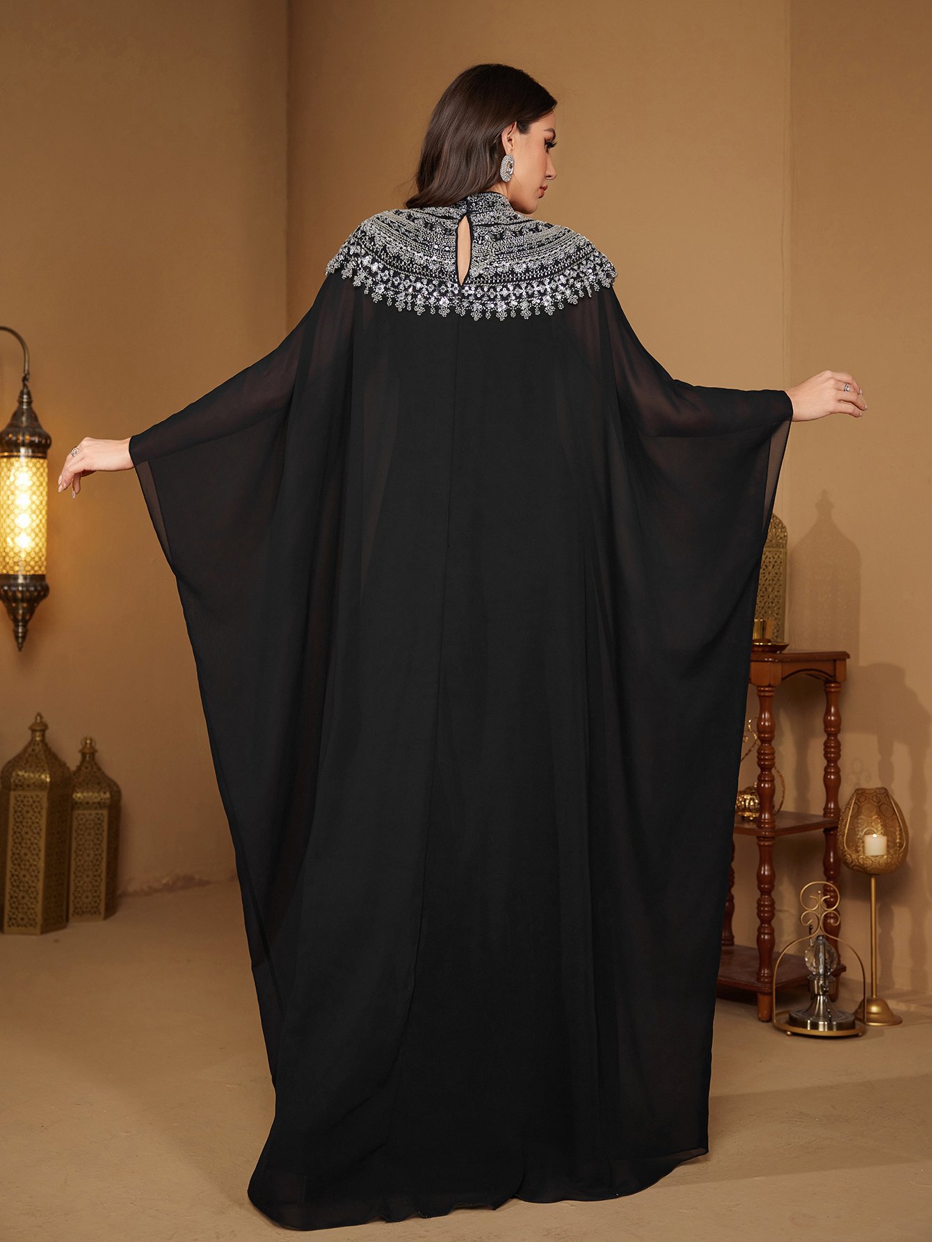Black Beaded Sequin High Neck Maxi Dress