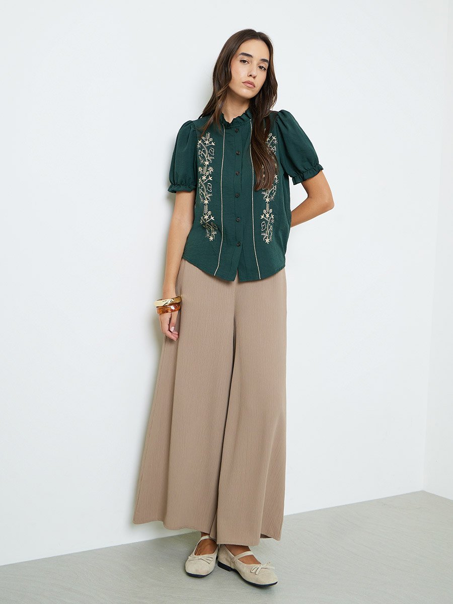 Green Embroidered Ruffled Collar Shirt