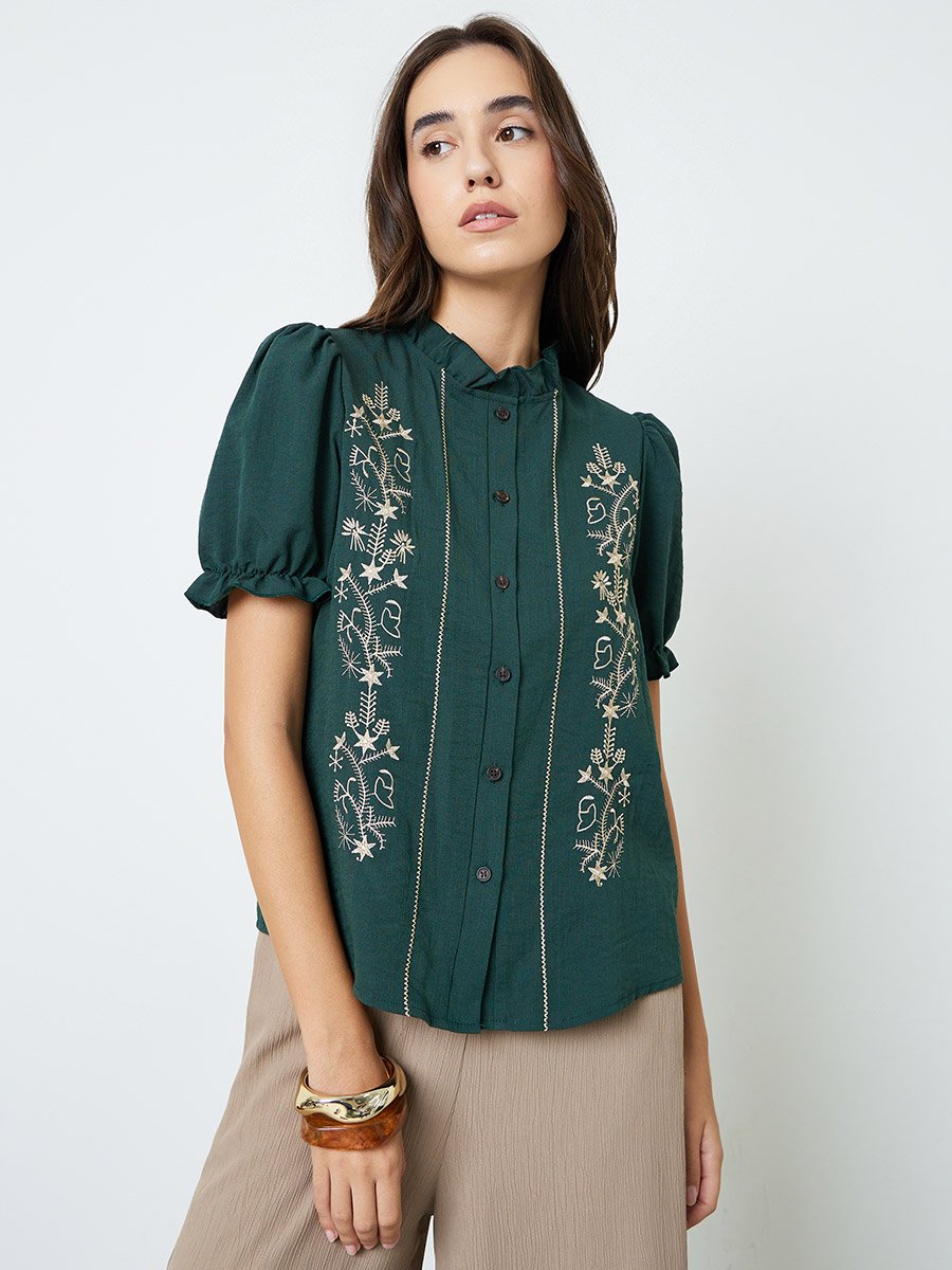 Green Embroidered Ruffled Collar Shirt
