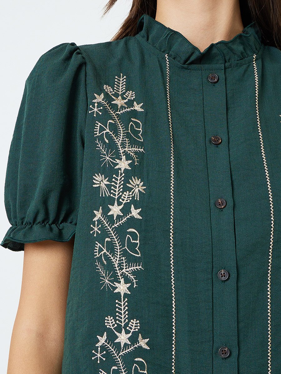 Green Embroidered Ruffled Collar Shirt
