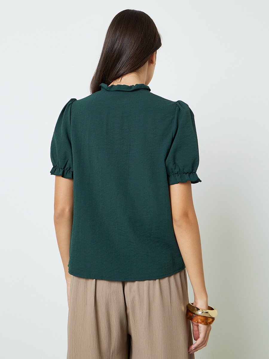 Green Embroidered Ruffled Collar Shirt