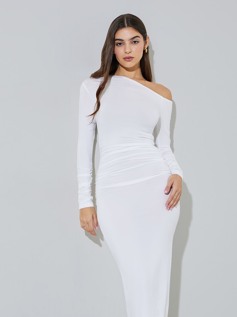 white one sleeve bodycon dress Solid Shoulder Neck For Women at Bahrain Numatic