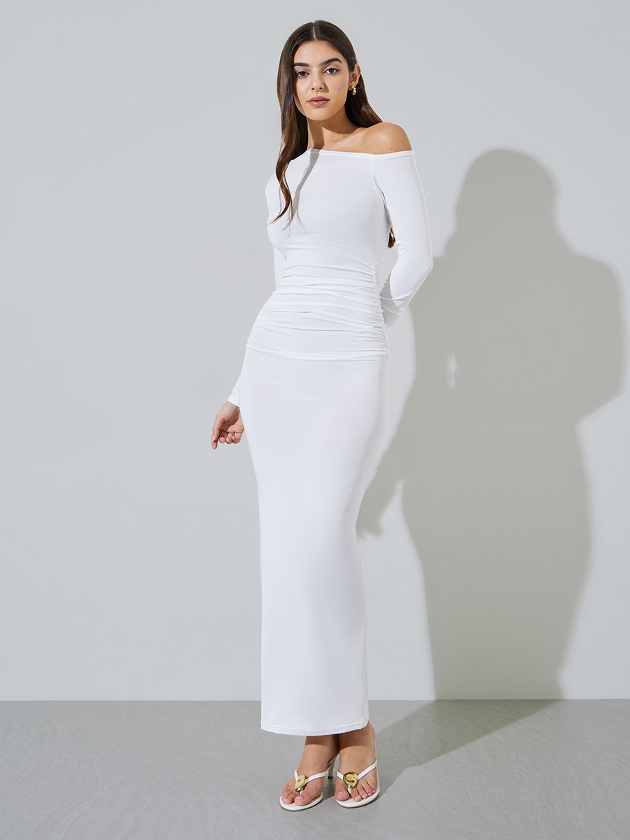 White Solid One Shoulder Neck Bodycon Dress