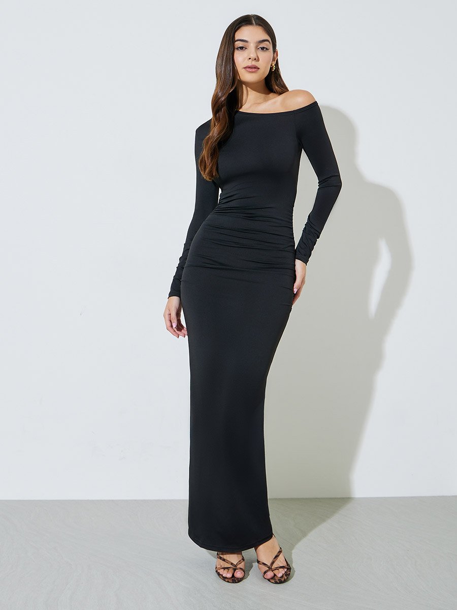 Black Solid One Shoulder Neck Bodycon Maxi Dress