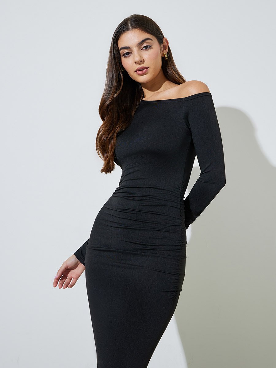 Black Solid One Shoulder Neck Bodycon Maxi Dress