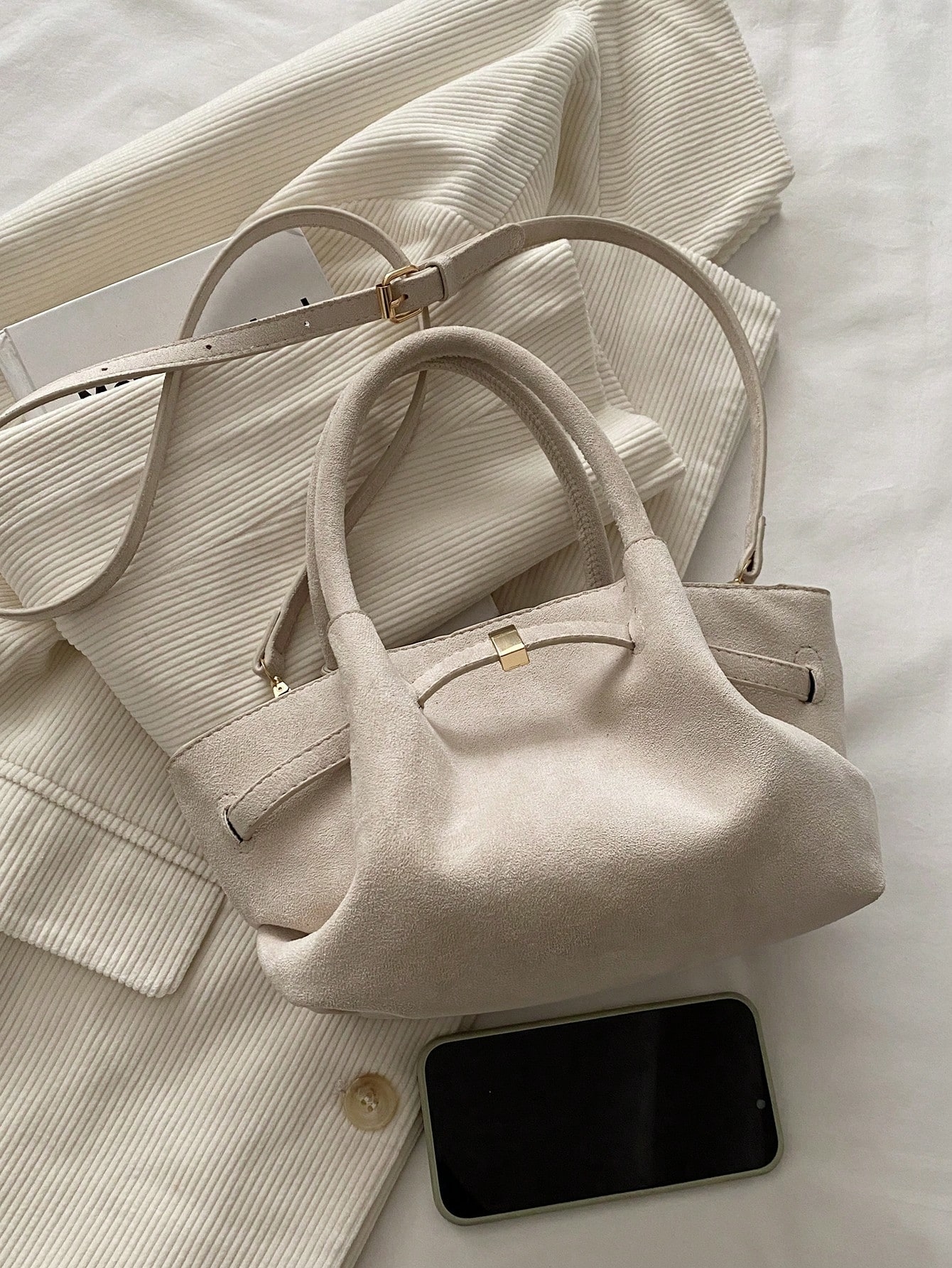 Beige Suede Shoulder Bag