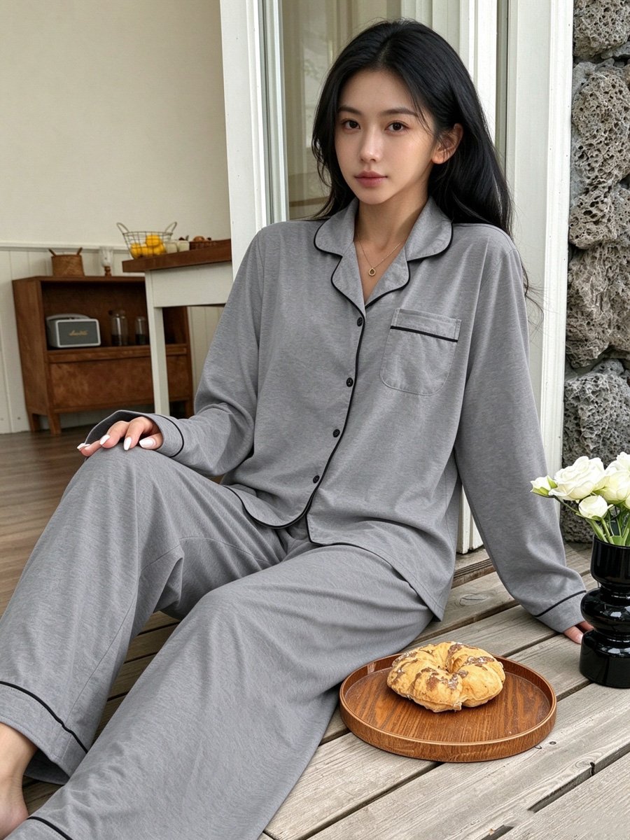 Grey Knitted Long Sleeve Pyjama Set With Contrast Trim