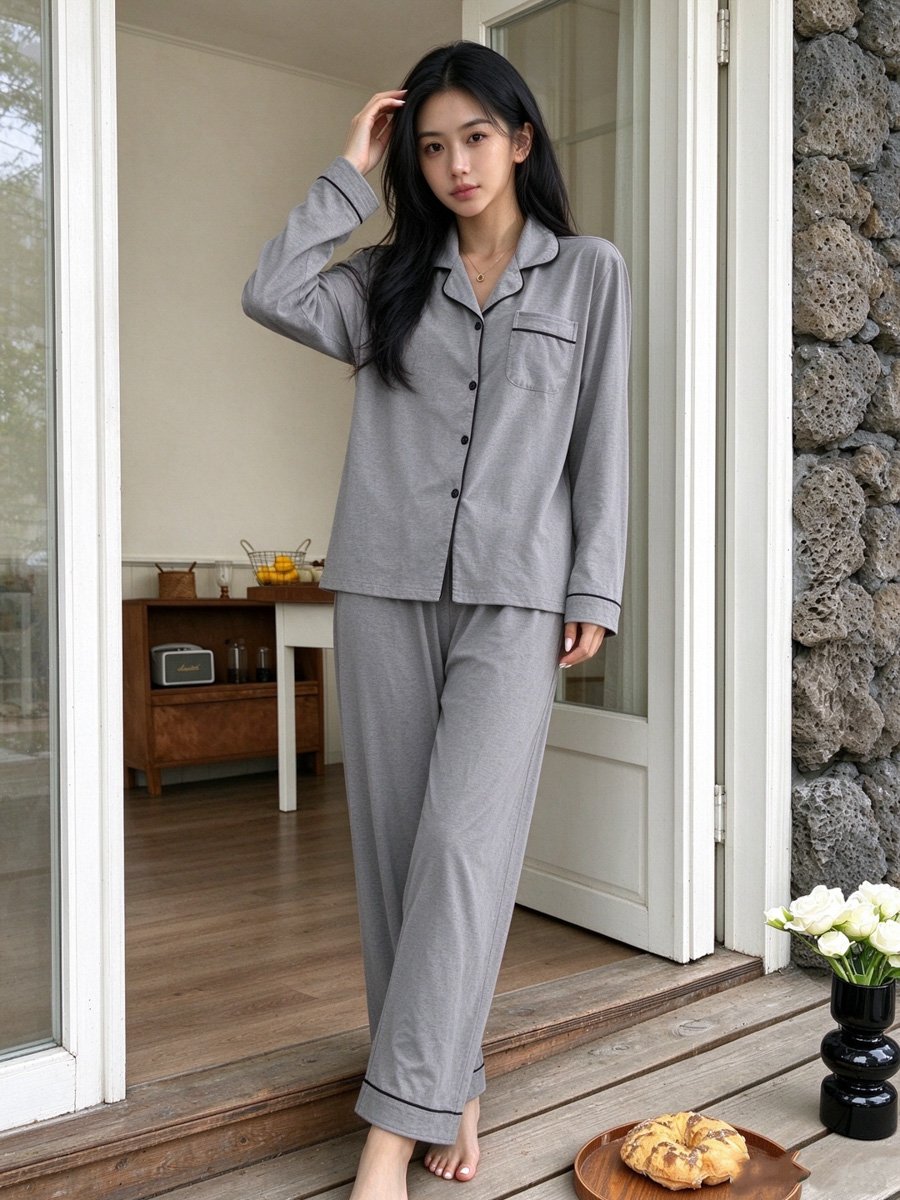 Grey Knitted Long Sleeve Pyjama Set With Contrast Trim