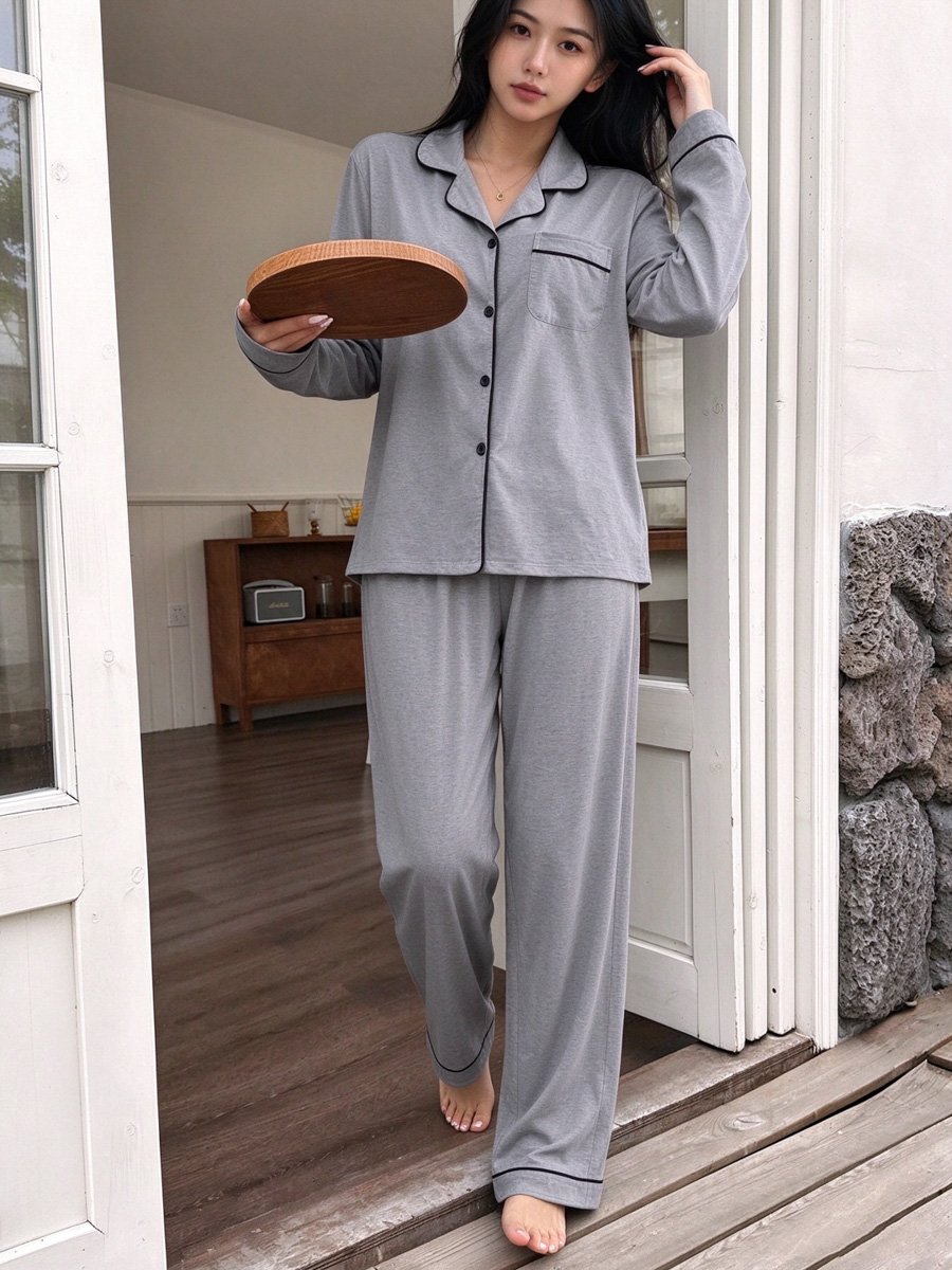 Grey Knitted Long Sleeve Pyjama Set With Contrast Trim