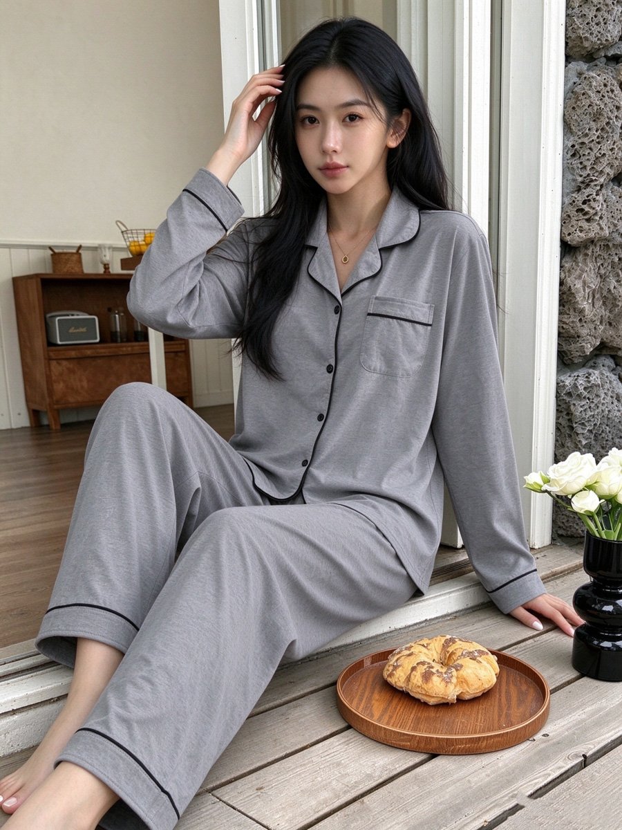 Grey Knitted Long Sleeve Pyjama Set With Contrast Trim