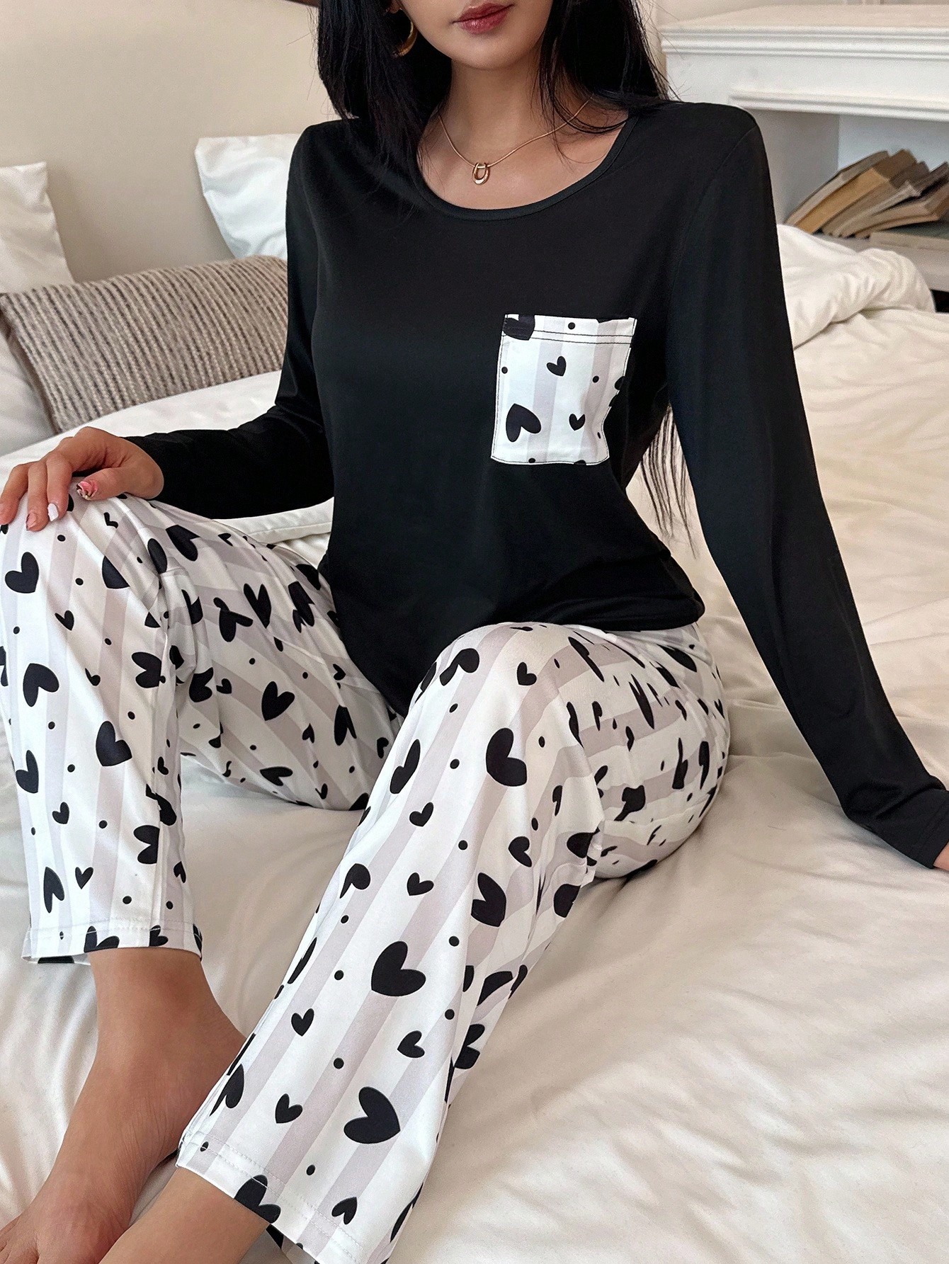 Heart Print Long Sleeve Pajama Set
