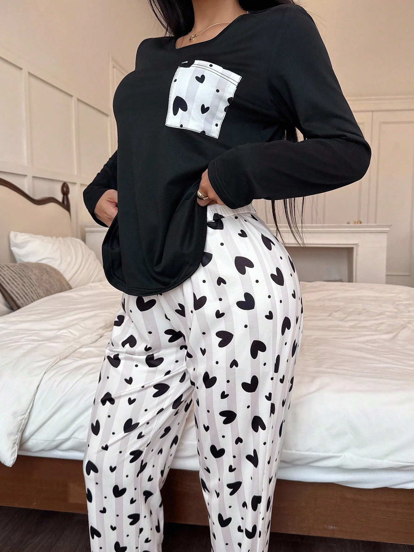 Heart Print Long Sleeve Pajama Set