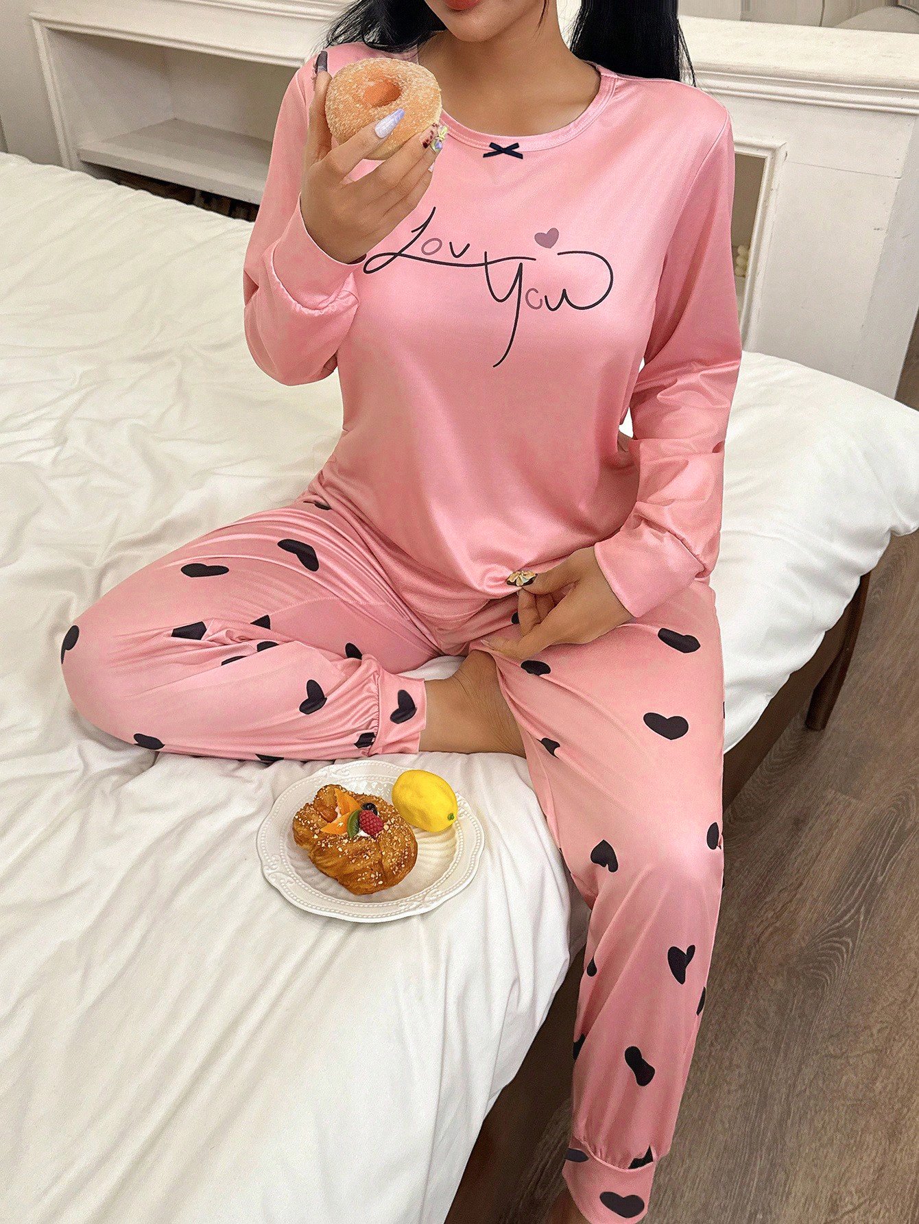 Pink Heart Print Long Sleeve Pyjama Set
