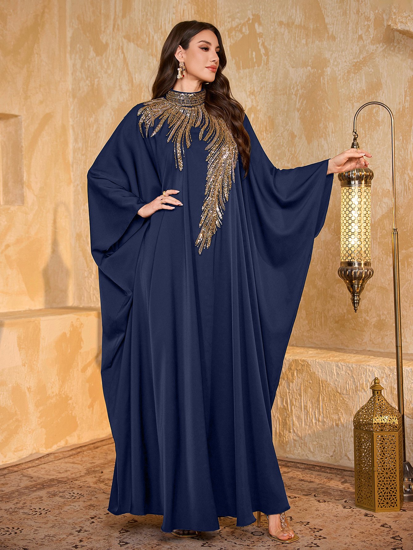 Navy Blue Sequin Yoke High Neck Maxi Kaftan