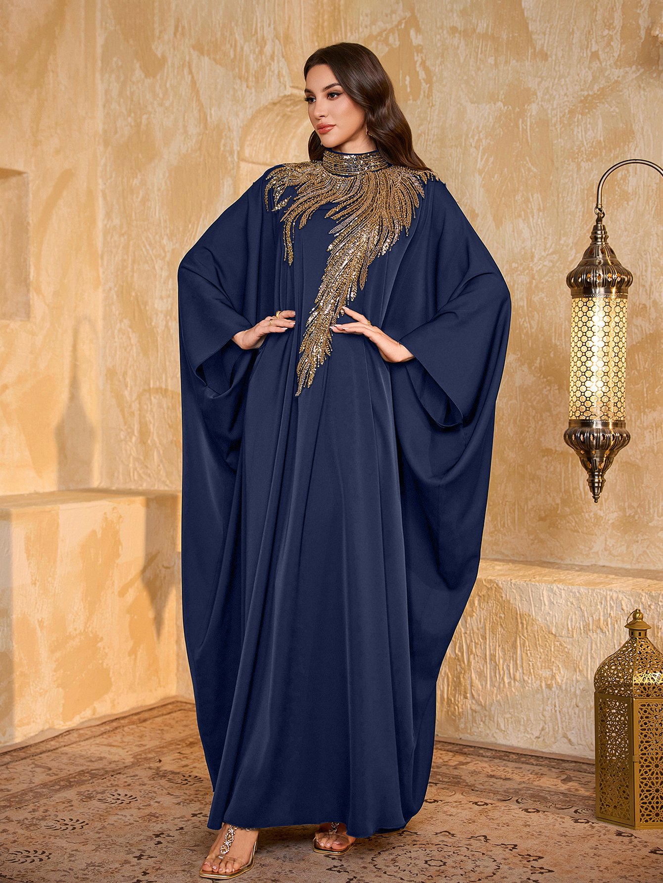 Navy Blue Sequin Yoke High Neck Maxi Kaftan