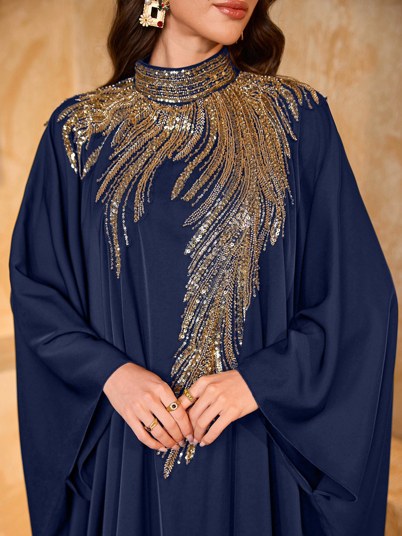 Navy Blue Sequin Yoke High Neck Maxi Kaftan