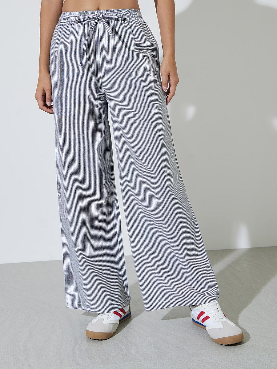 Charcoal Striped Wide-Leg Drawstring Pants