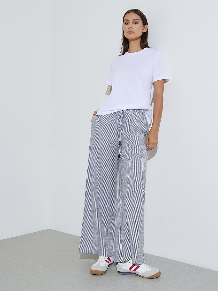 Charcoal Striped Wide-Leg Drawstring Pants