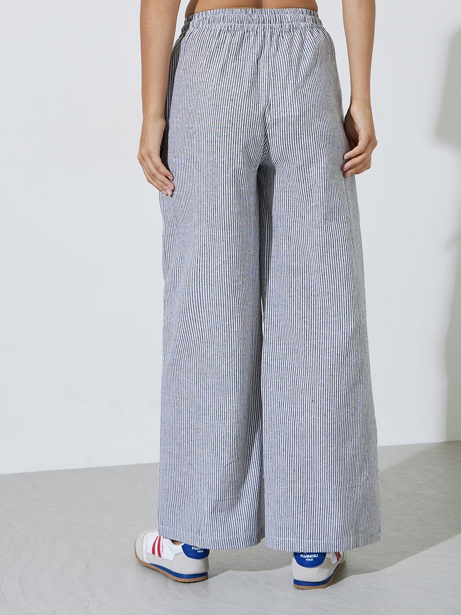 Charcoal Striped Wide-Leg Drawstring Pants