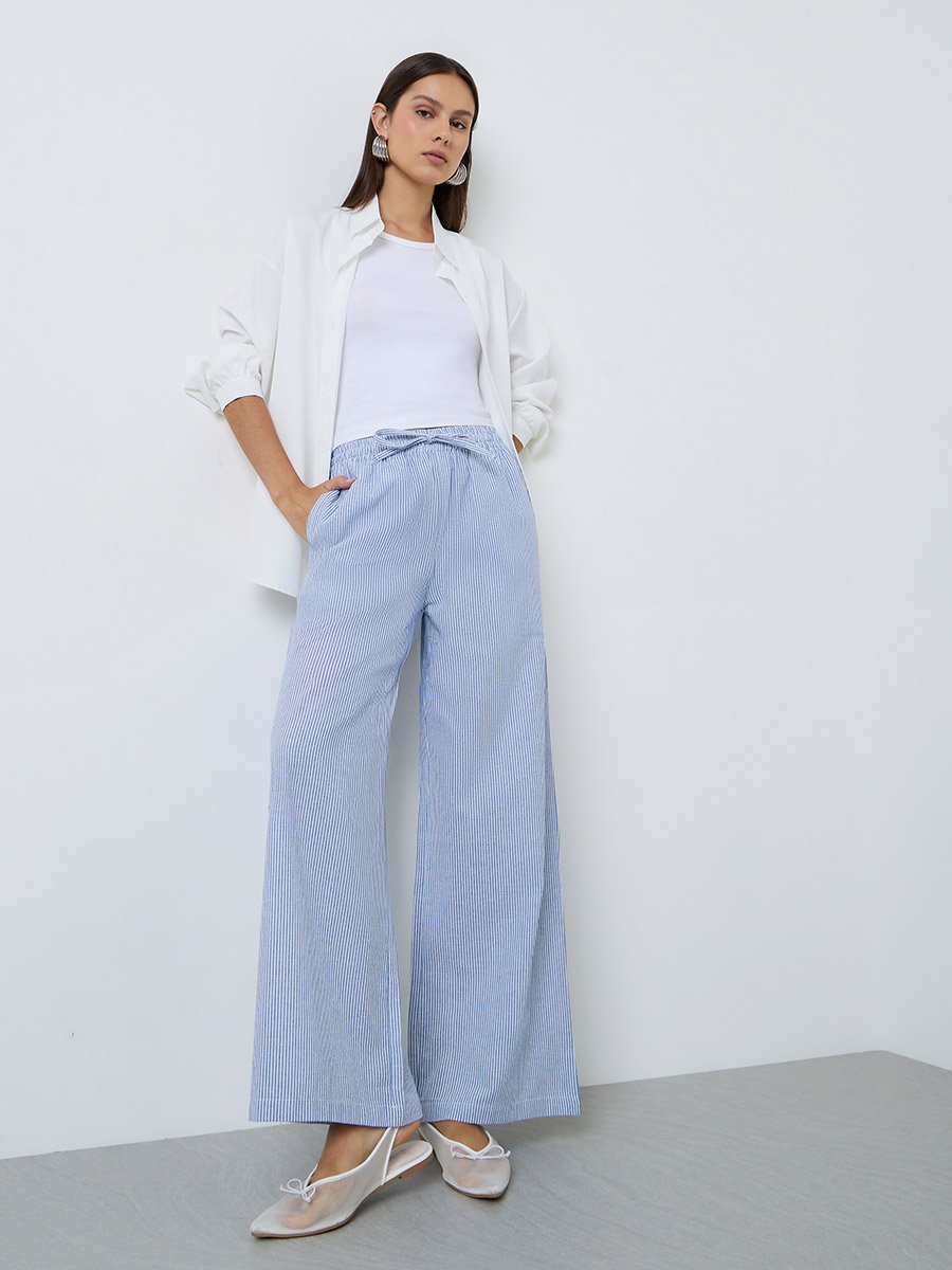 Blue Striped Wide-Leg Drawstring Pants