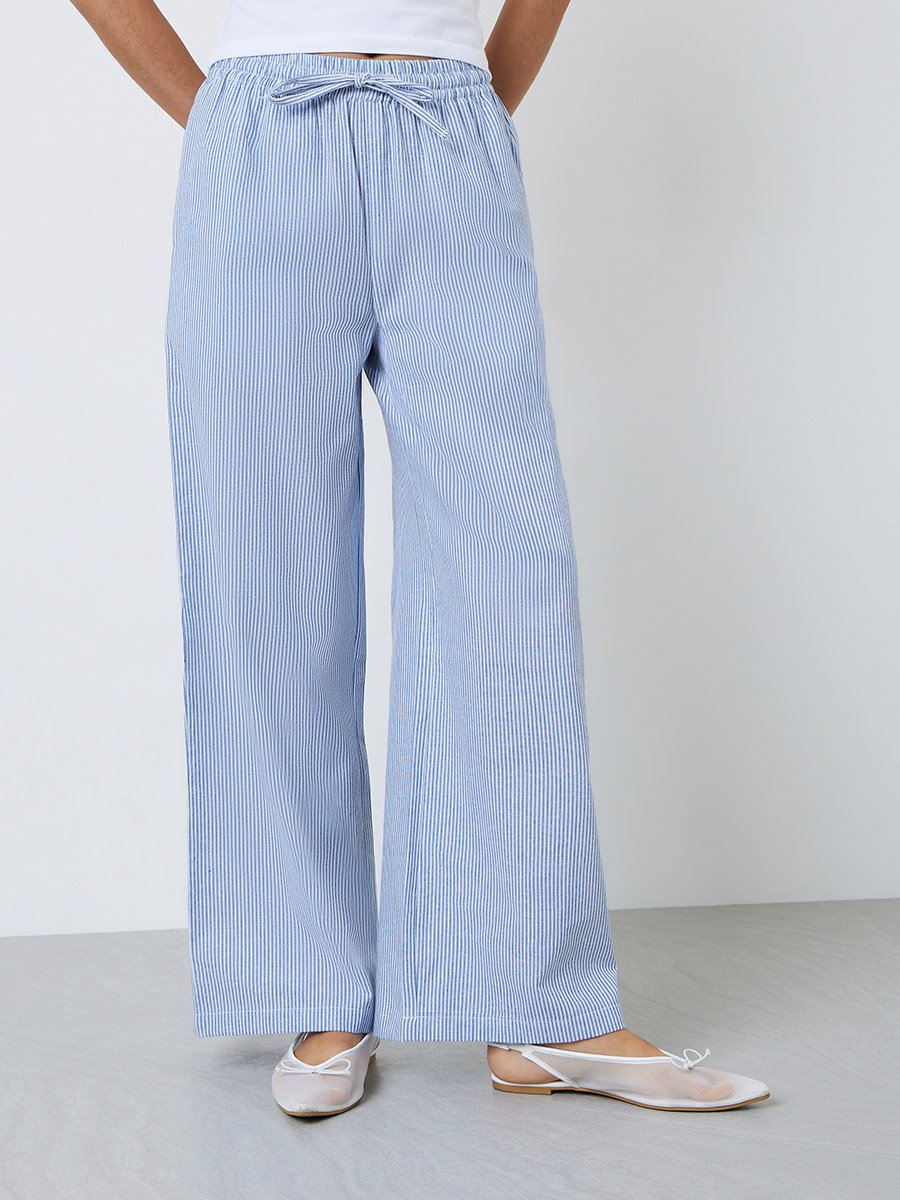 Blue Striped Wide-Leg Drawstring Pants