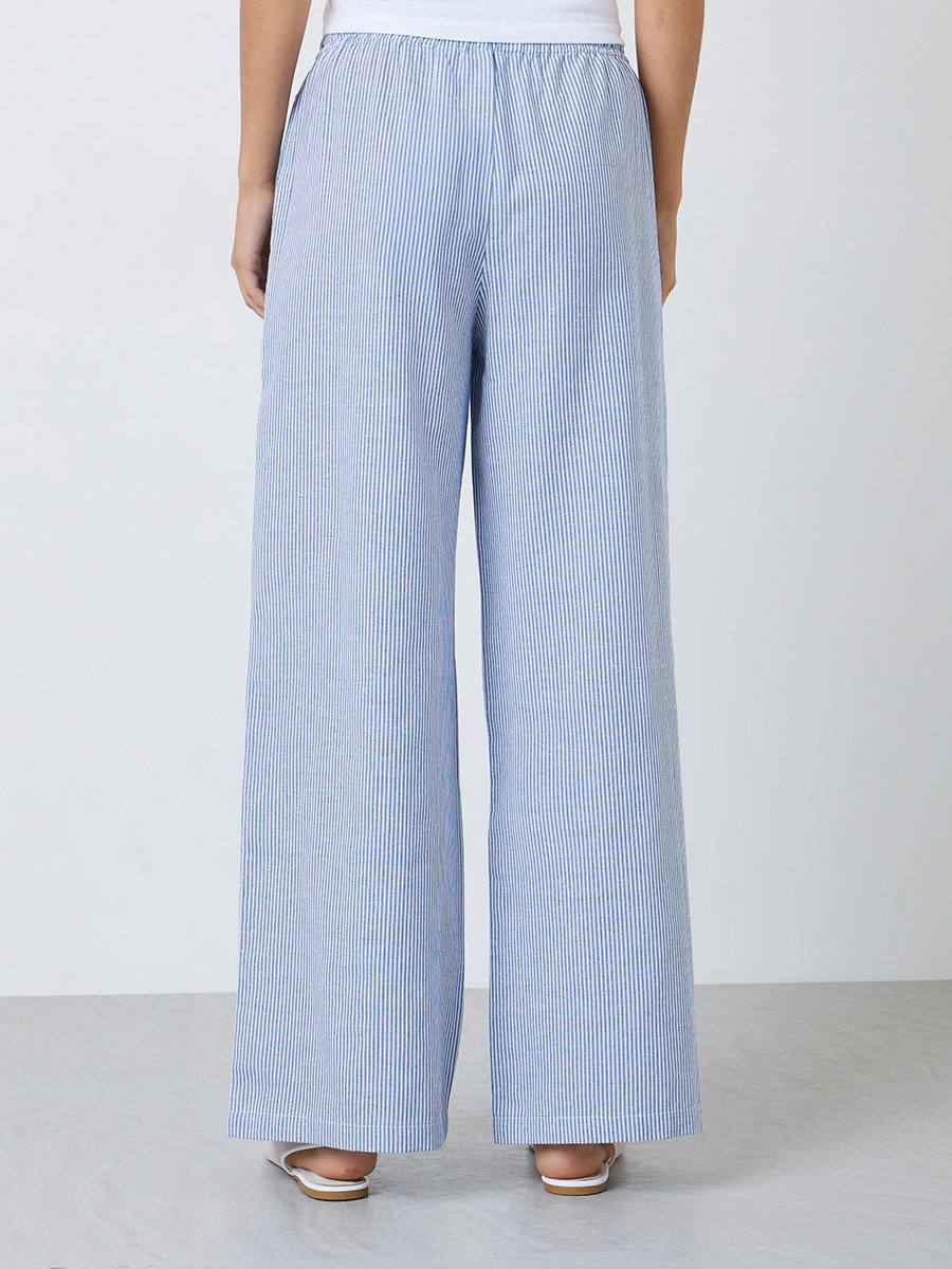 Blue Striped Wide-Leg Drawstring Pants