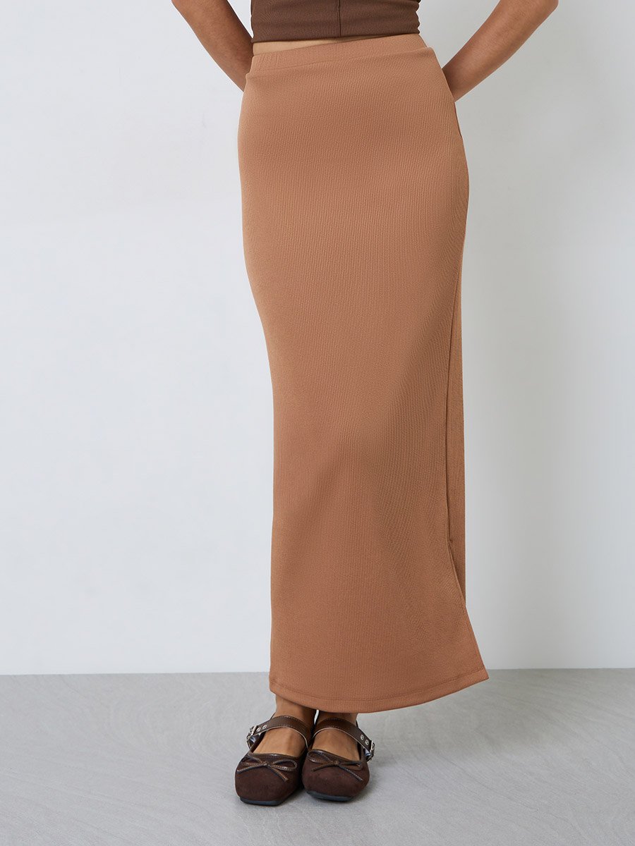 Brown Ribbed Straight Fit Maxi Skirt