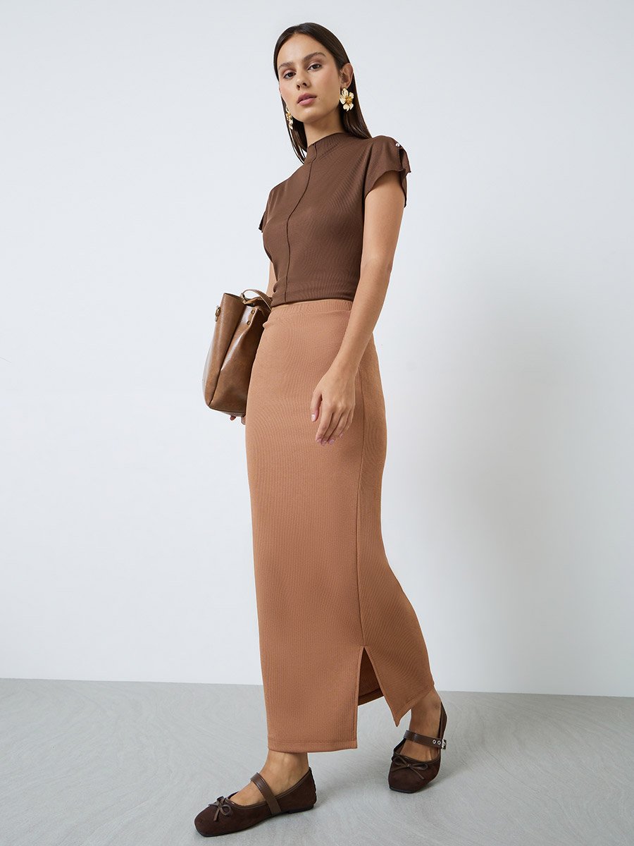 Brown Ribbed Straight Fit Maxi Skirt