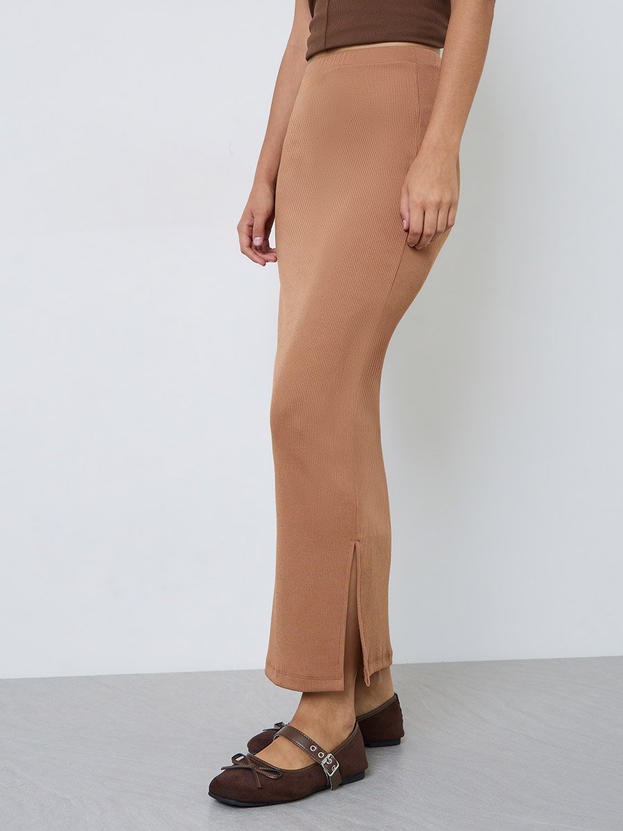 Brown Ribbed Straight Fit Maxi Skirt