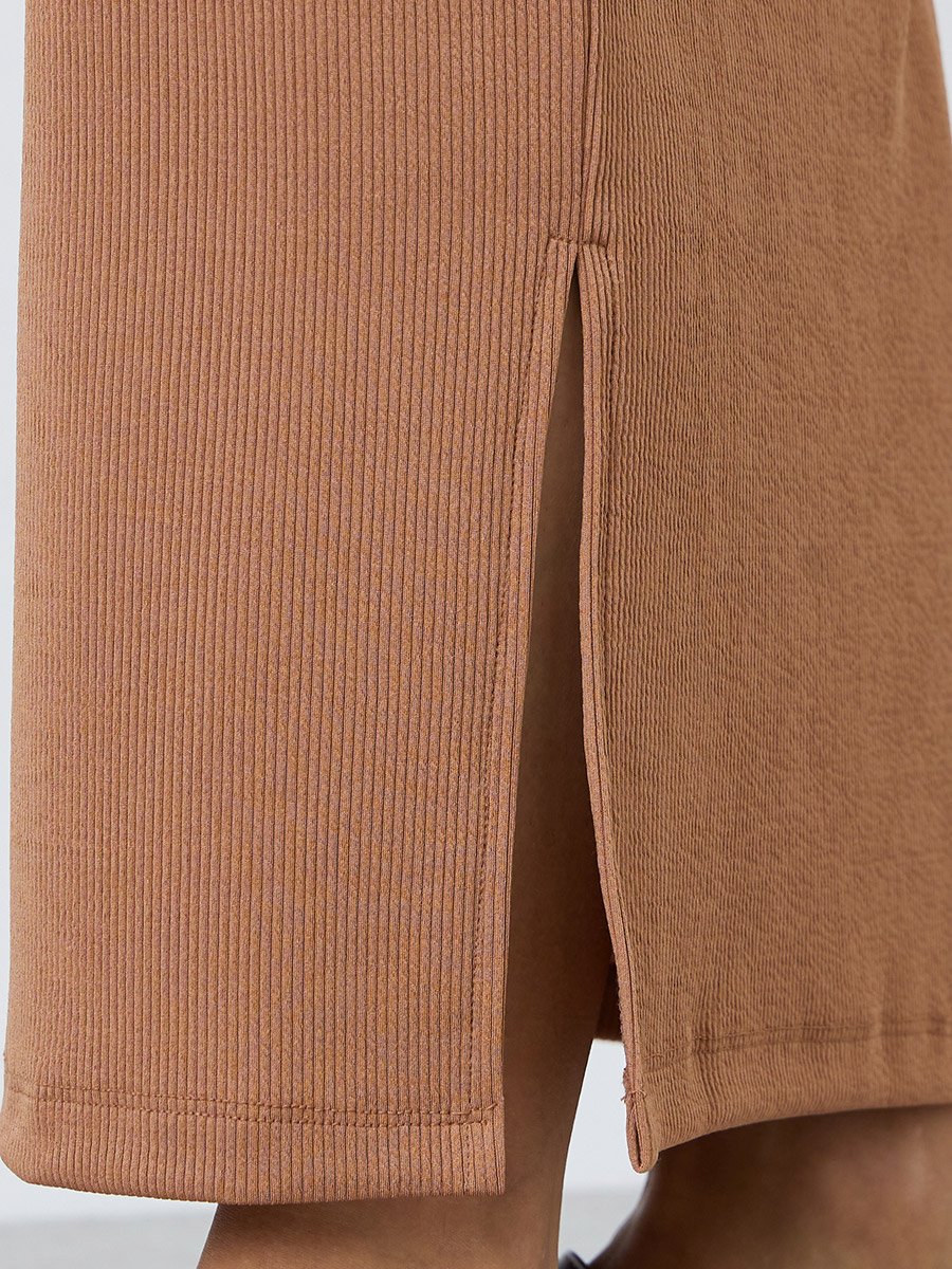 Brown Ribbed Straight Fit Maxi Skirt