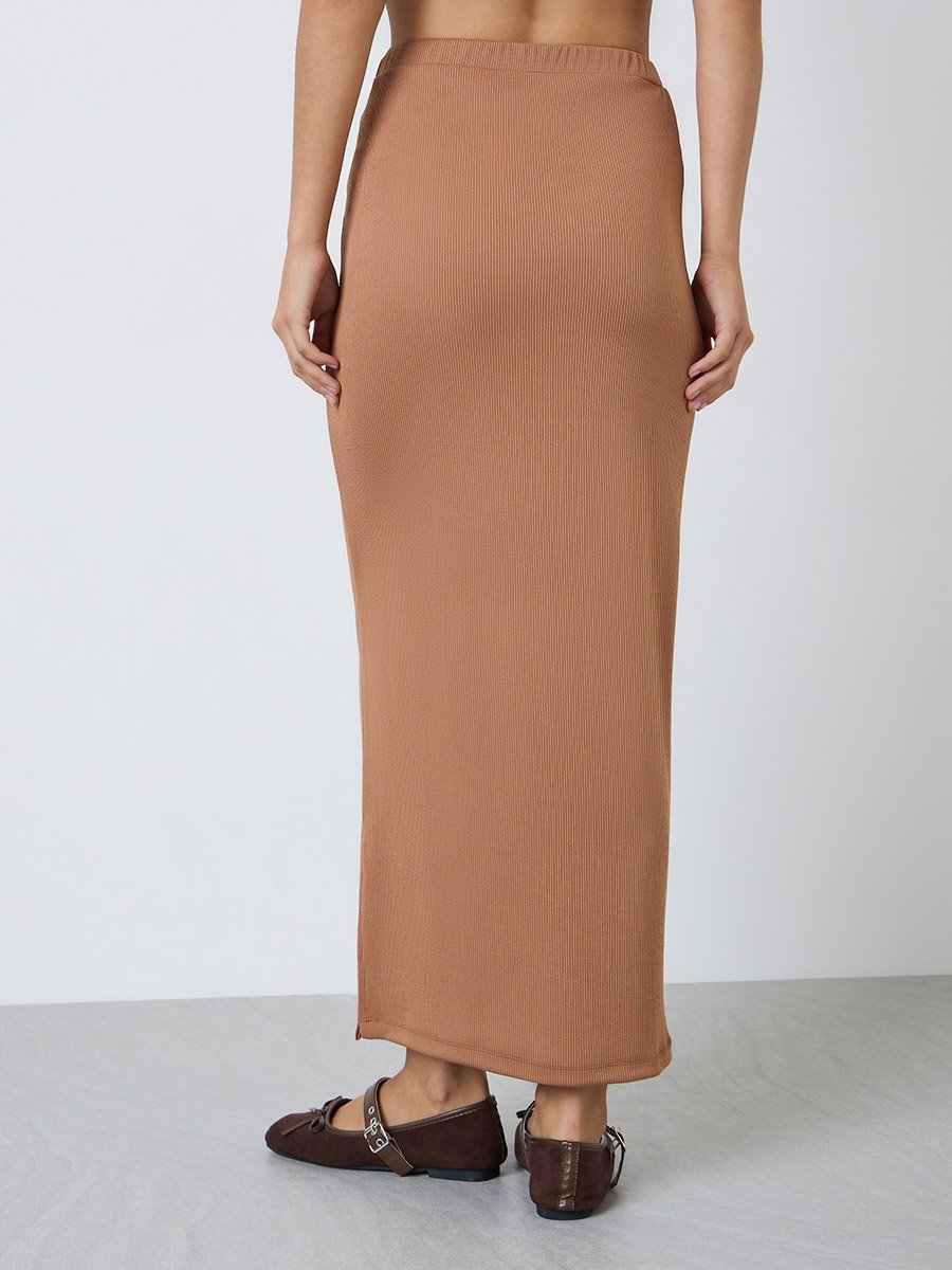 Brown Ribbed Straight Fit Maxi Skirt