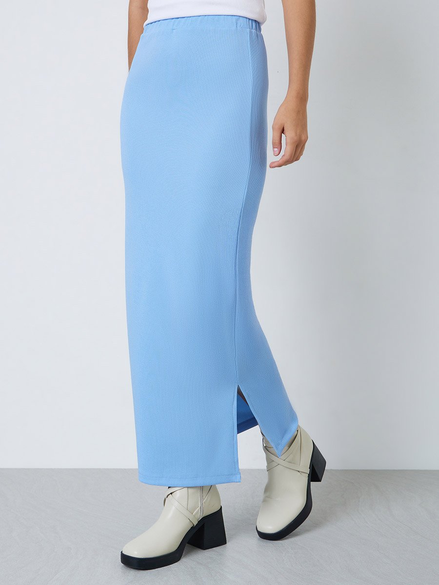 Light Blue Ribbed Straight Fit Maxi Skirt