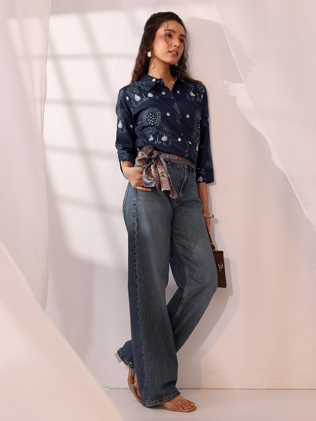 Blue Printed Cotton 3/4 Sleeve Shirt