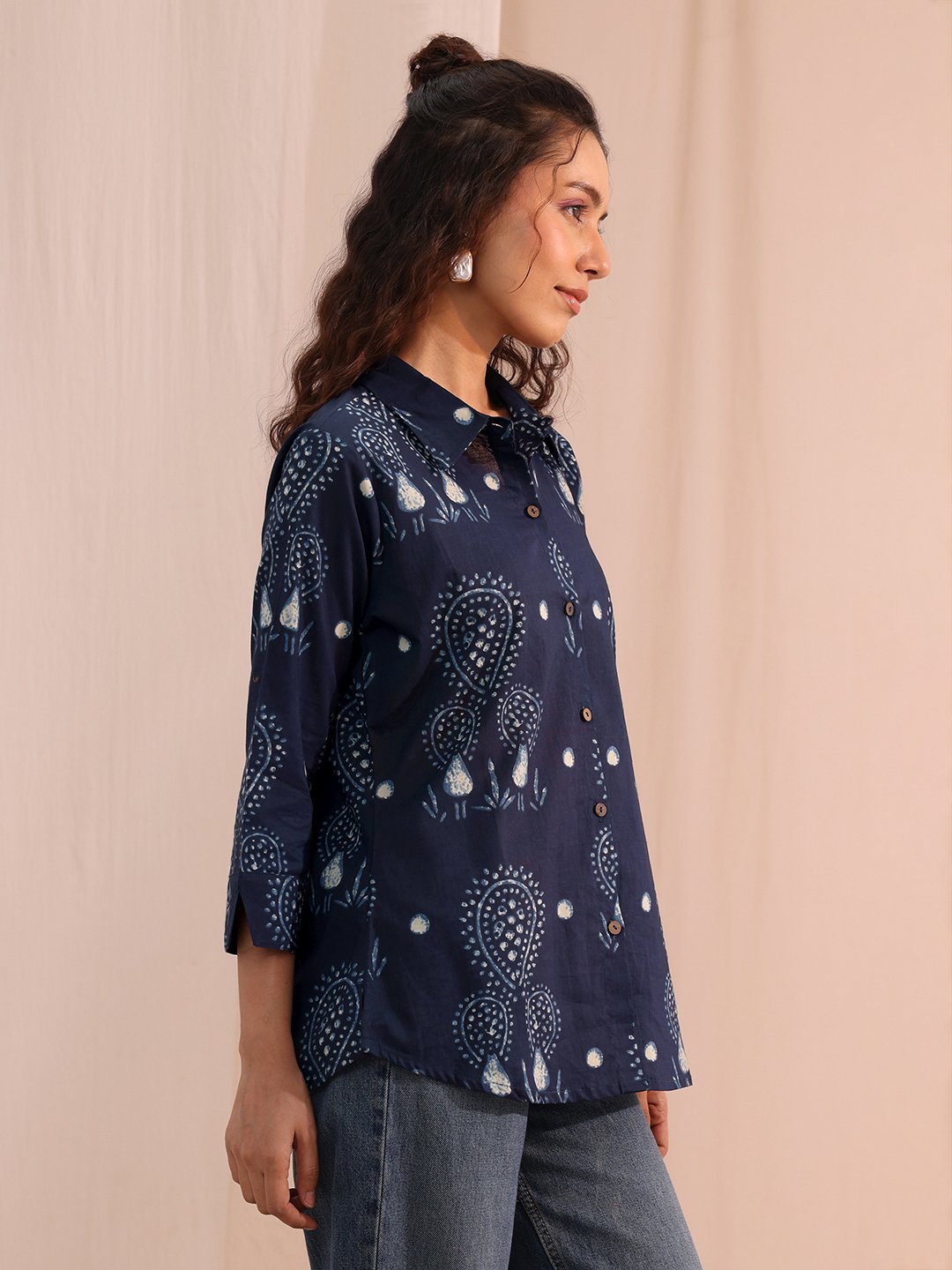 Blue Printed Cotton 3/4 Sleeve Shirt