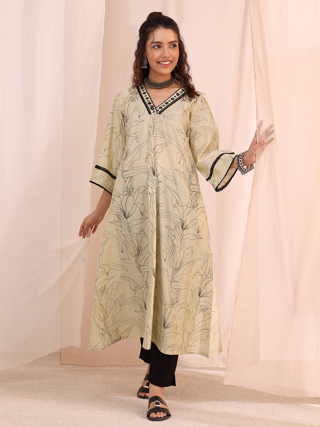 Off White Printed Silk Blend A-Line Kurta